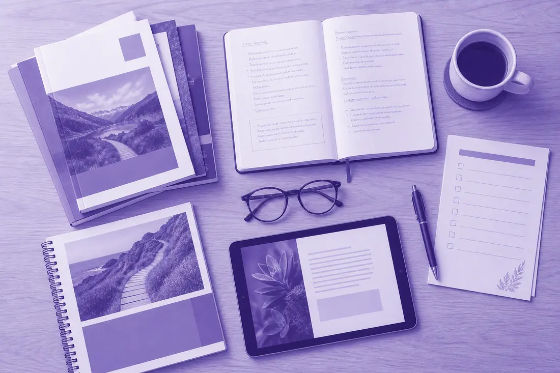 Printed Roimatics guides, workbooks and a checklist laid out on a desk